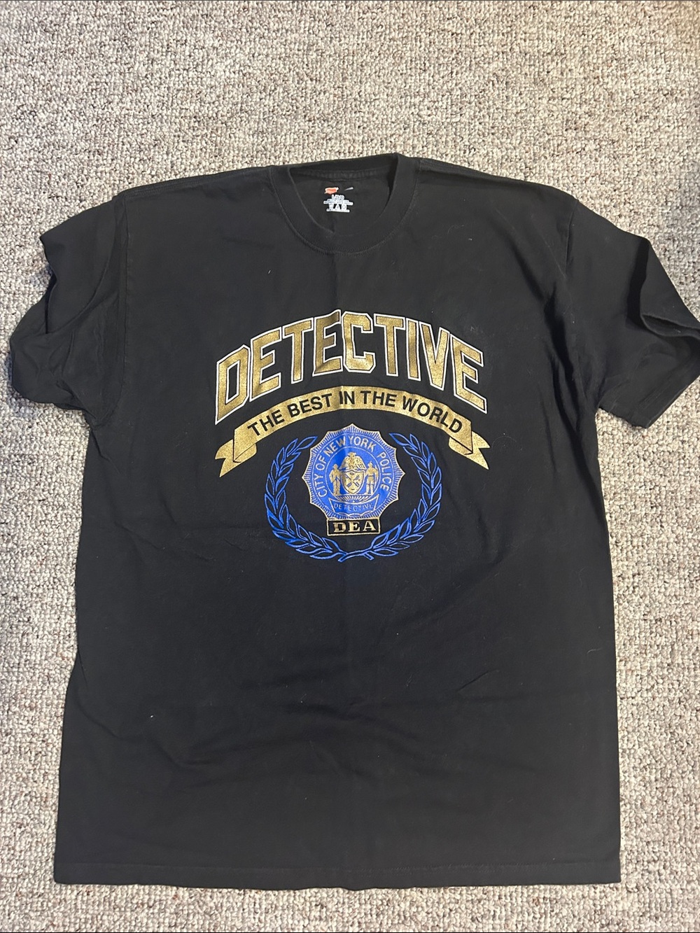 Hanes Black Short-Sleeve "Detective" Graphic Tee with Gold and Blue Emblem